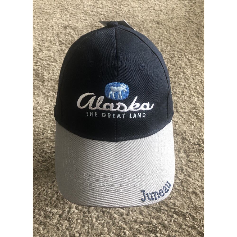 Alaska The Great Land With Moose Hat Cap Adjustable Strap Embroidered Blue Gray